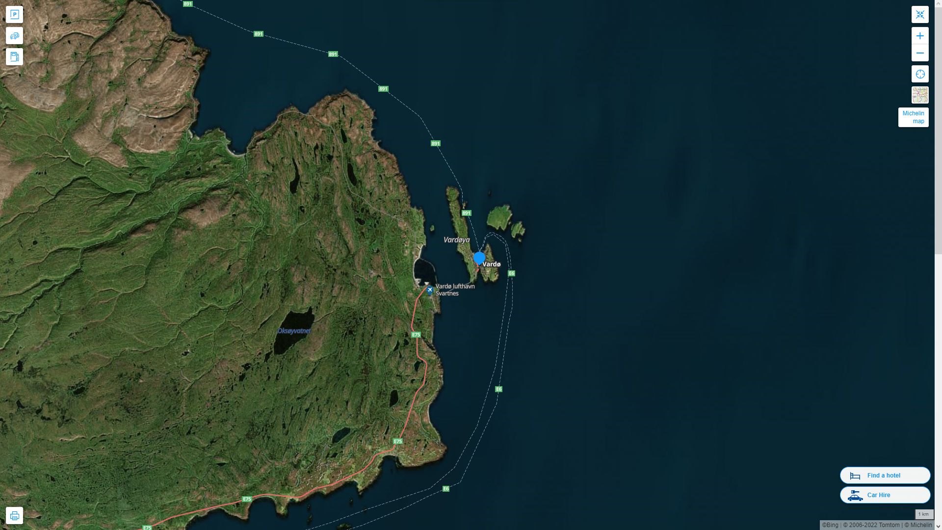 Vardo Norvege Autoroute et carte routiere avec vue satellite